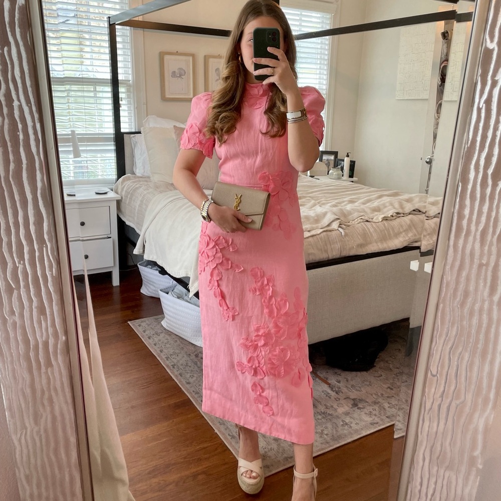 Antonio Melani willow floral appliqué short sleeve mock neck midi dress
